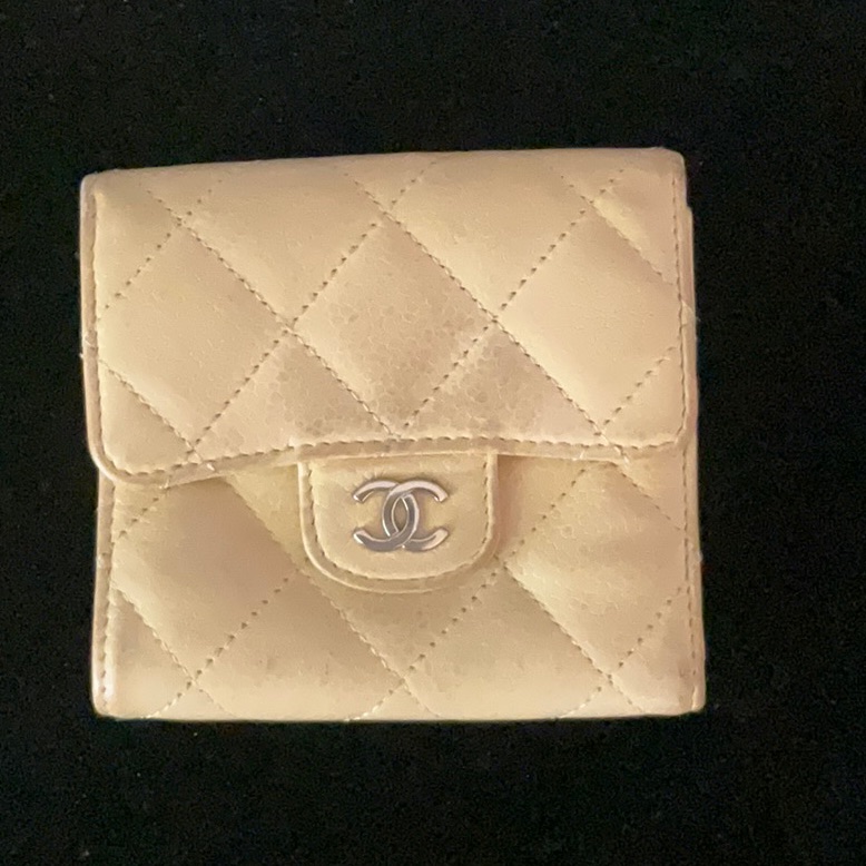 Chanel Double Flap Quilted Beige Wallet With Silver Logo